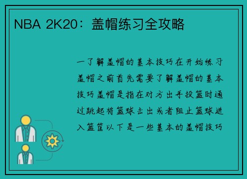 NBA 2K20：盖帽练习全攻略